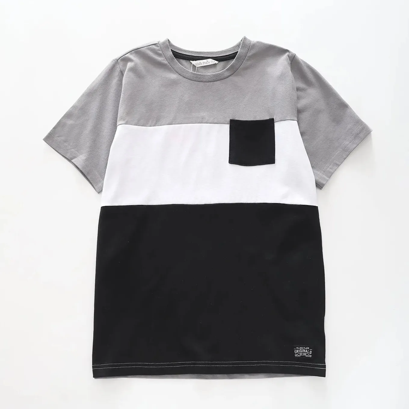 Boy's Grey, White And Black Large Stripe T-Shirt