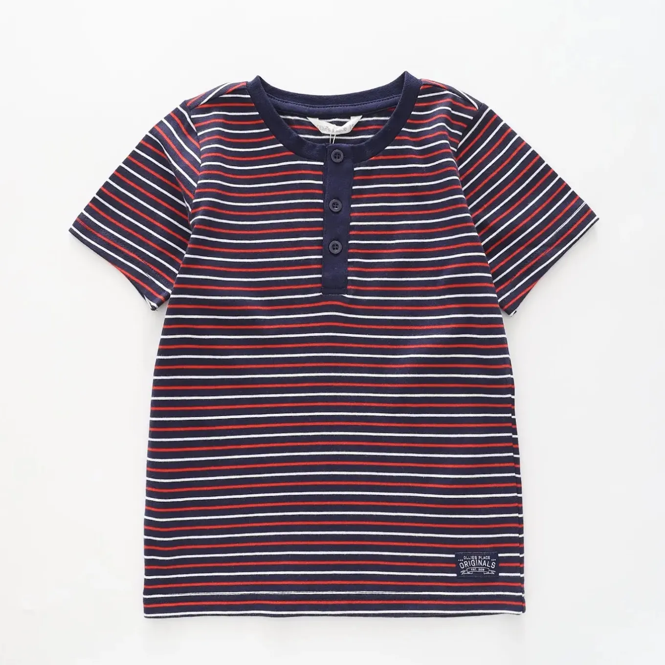 Boy's Navy, Red And White Striped Henley T-shirt