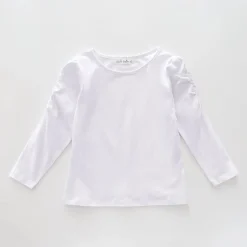 Classic Long Sleeve White Tee With Scoop Neck And Ruching Sleeve Details