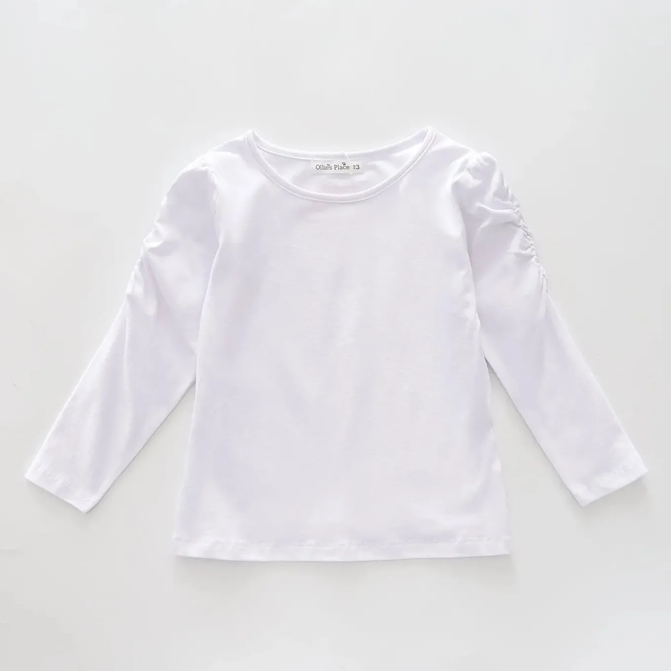 Classic Long Sleeve White Tee With Scoop Neck And Ruching Sleeve Details