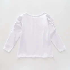 Classic Long Sleeve White Tee With Scoop Neck And Ruching Sleeve Details