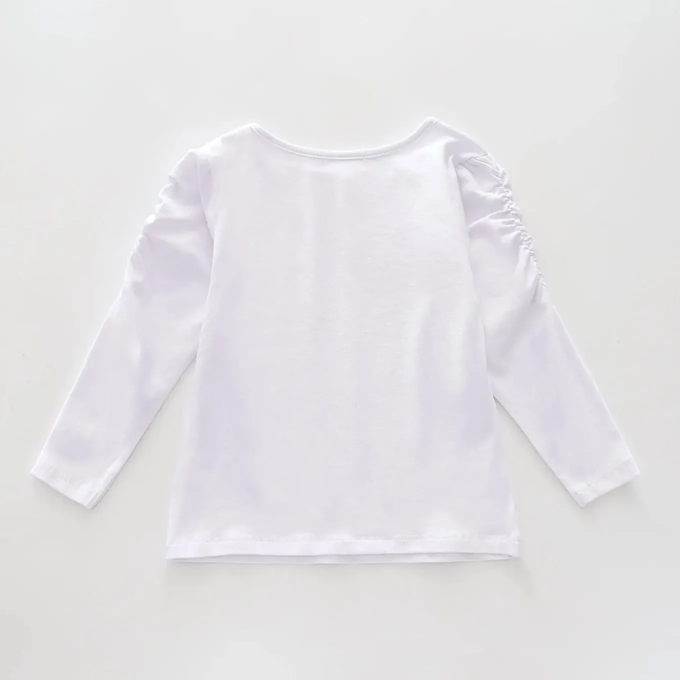 Classic Long Sleeve White Tee With Scoop Neck And Ruching Sleeve Details