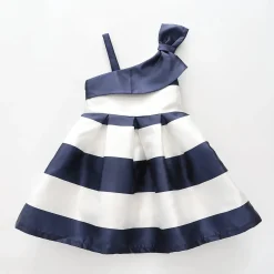 Girls Navy Blue and White Striped Party Dress