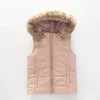 Girls' Pink Puffer Vest with Fur Trim Hood