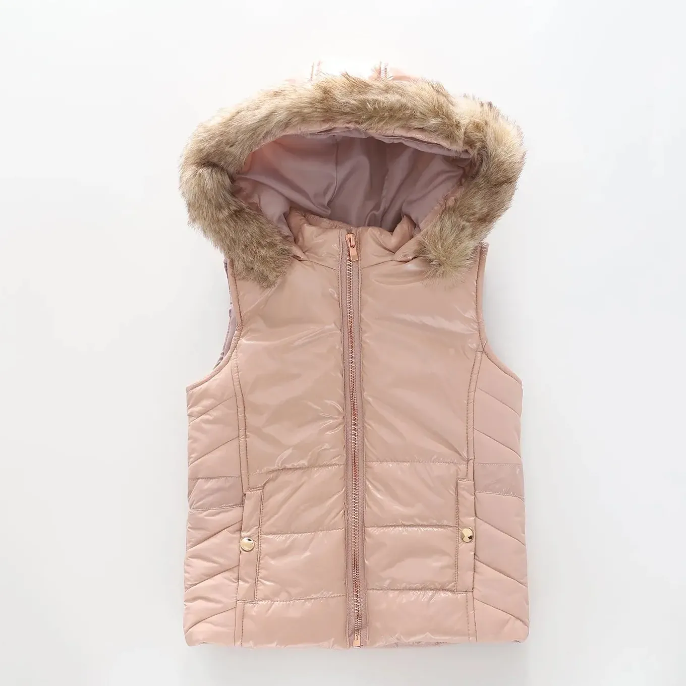 Girls' Pink Puffer Vest with Fur Trim Hood