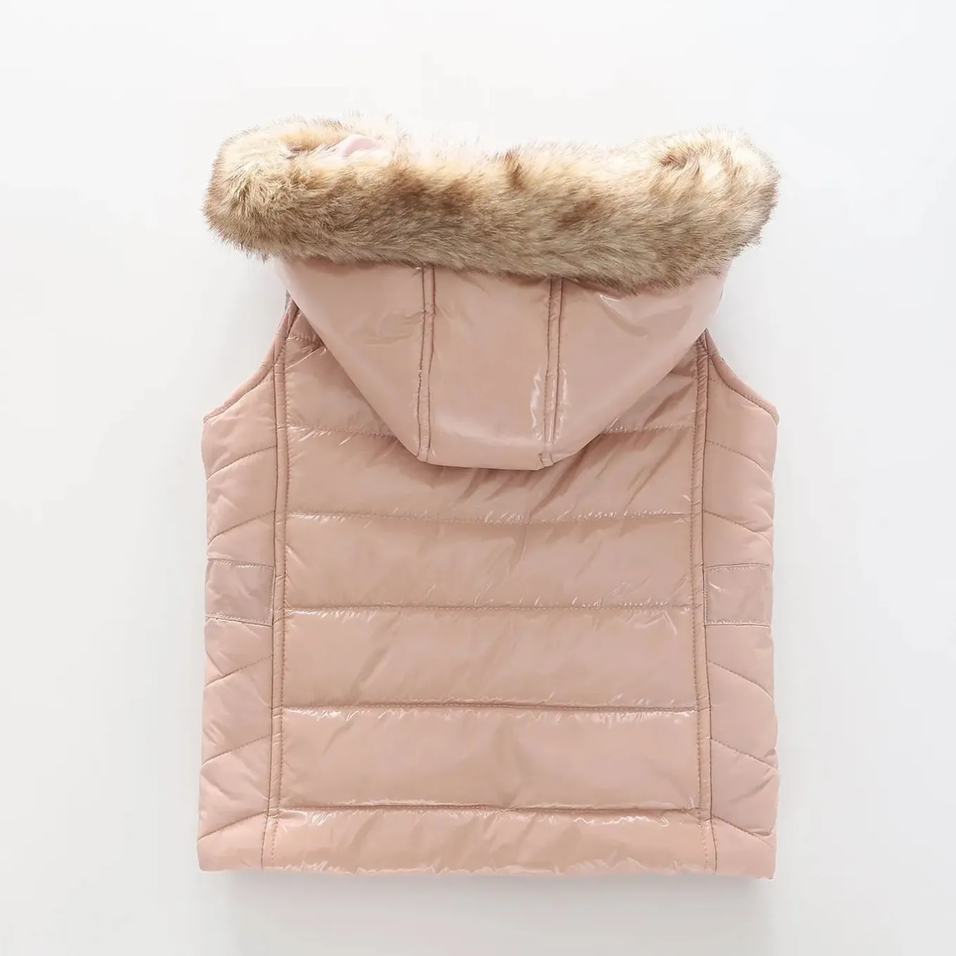 Girls' Pink Puffer Vest with Fur Trim Hood