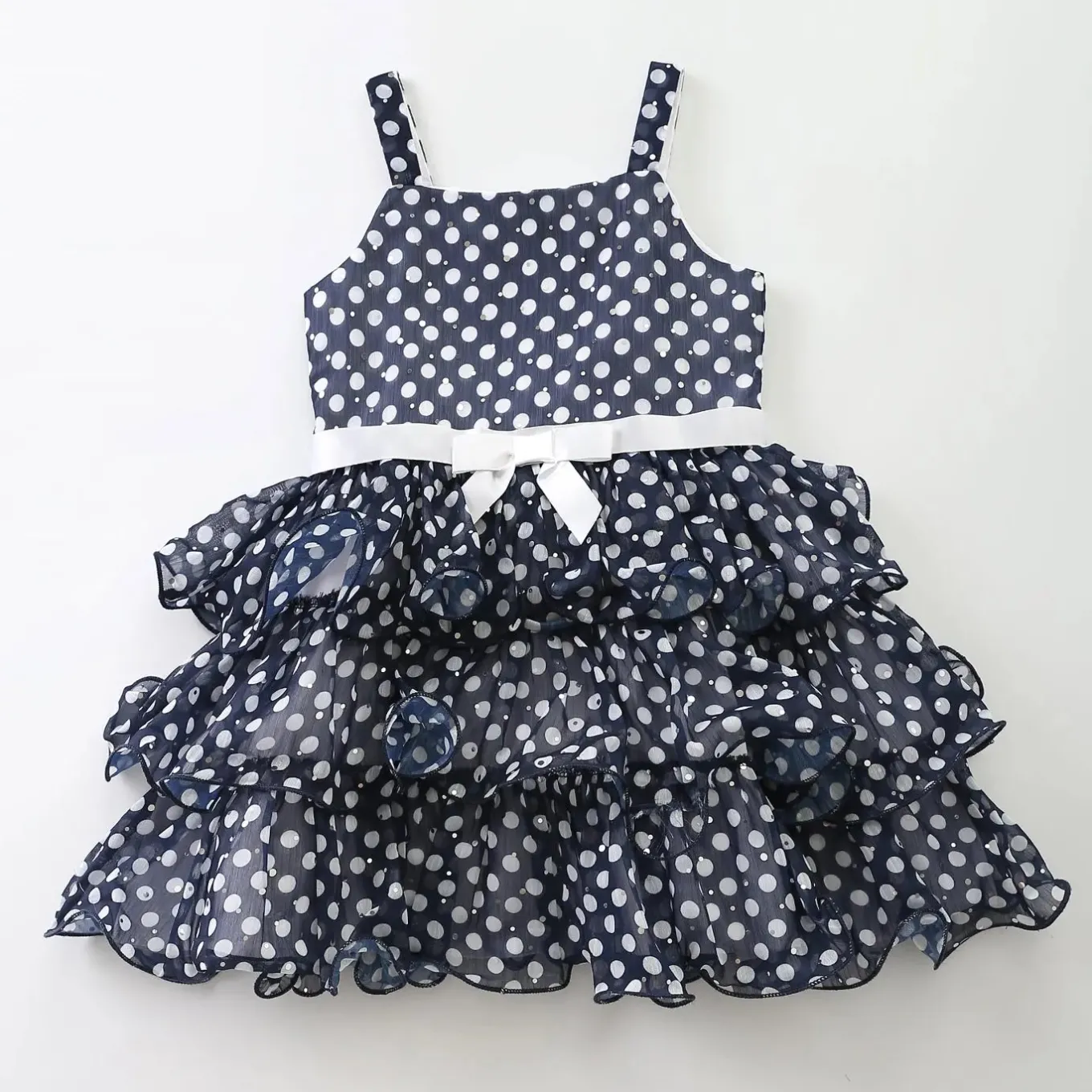Junior Girls Navy Special Occasion Layered Chiffon Dress With Polka Dots