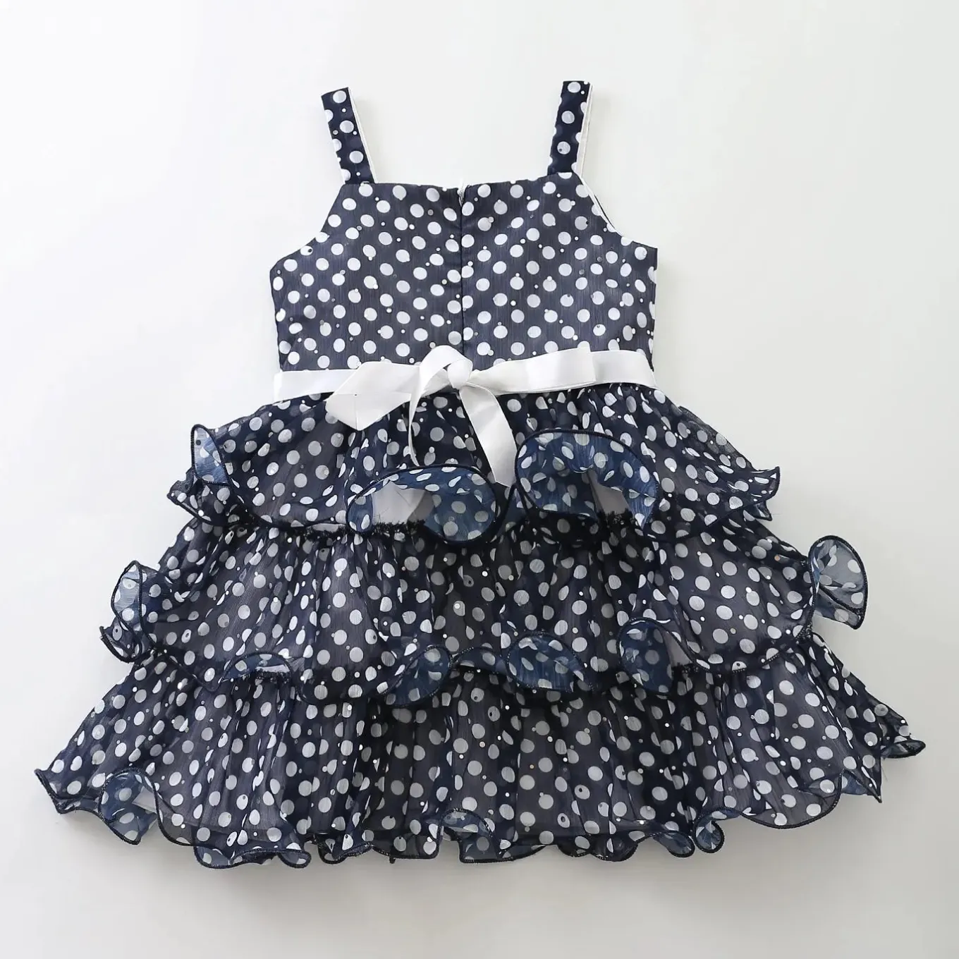 Junior Girls Navy Special Occasion Layered Chiffon Dress With Polka Dots