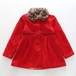 Older Girls' Red Winter Coat with Detachable Faux Fur Collar