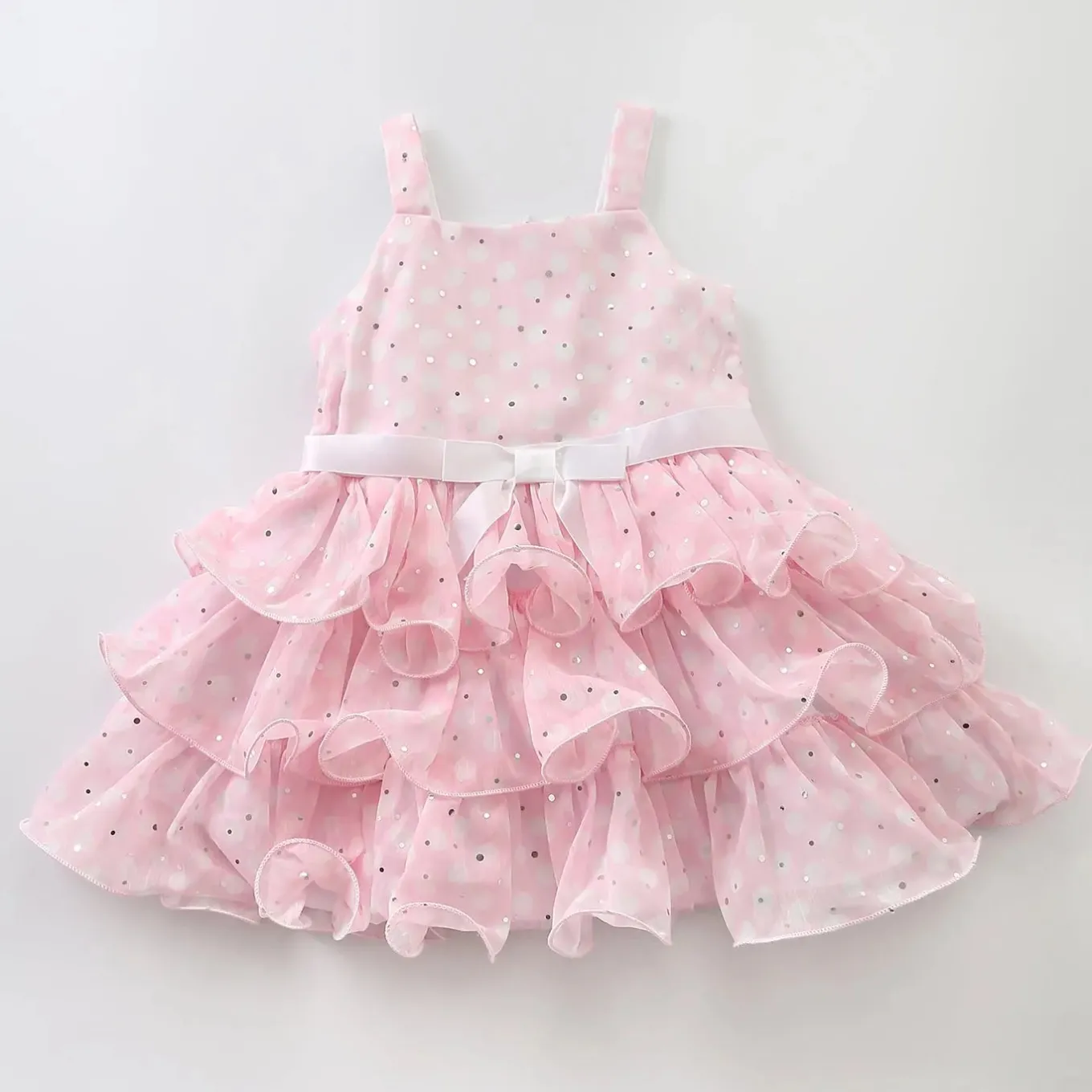 OSJG7124 Junior Girls Pretty Pink Special Occasion Layered Chiffon Dress With Pola Dots