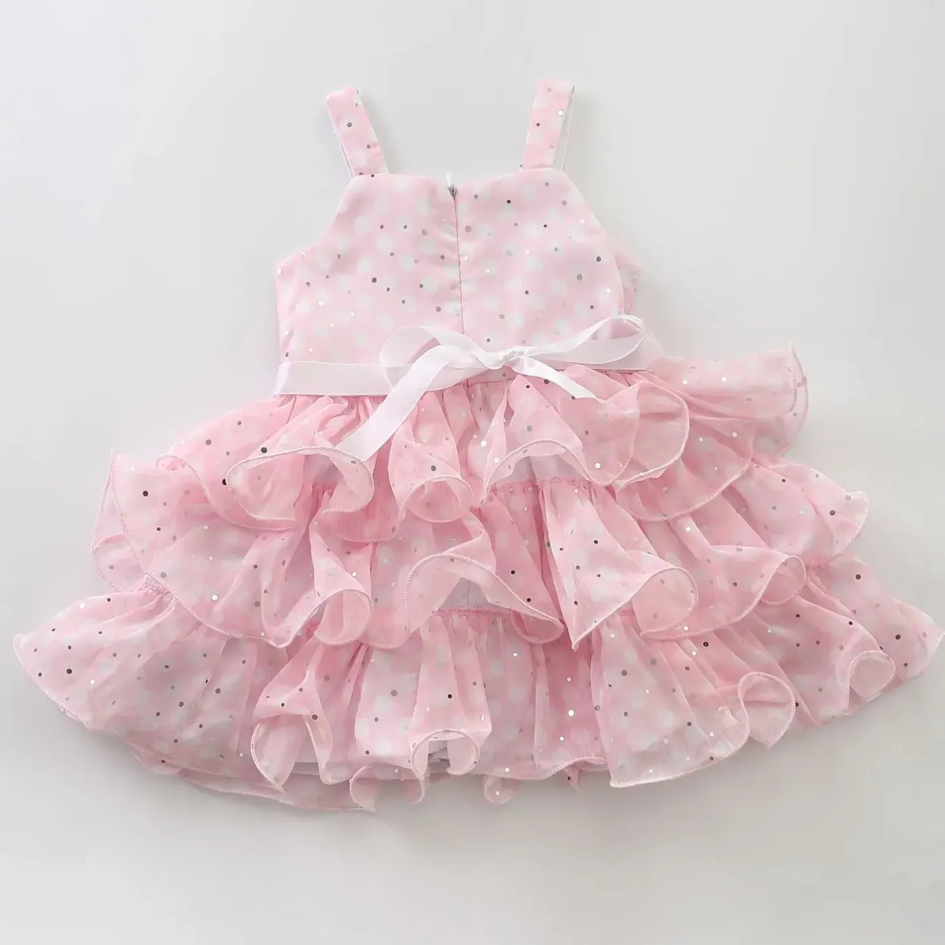OSJG7124 Junior Girls Pretty Pink Special Occasion Layered Chiffon Dress With Pola Dots