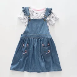 Two Piece Girl's Cat Denim Pinafore and Leopard print t-shirt Set
