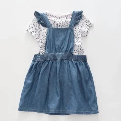 Two Piece Girl's Cat Denim Pinafore and Leopard print t-shirt Set